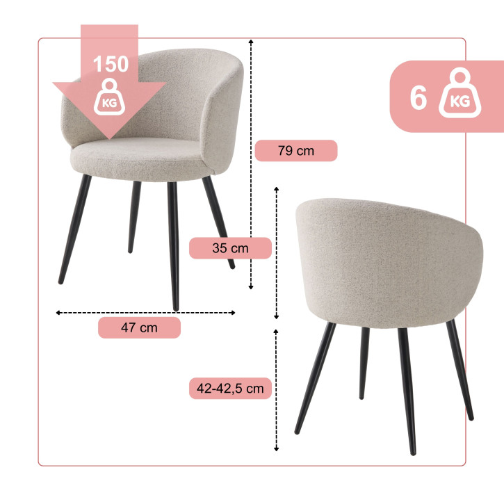 BHS LIVING Esszimmerstuhl, Küchenstuhl, Stuhl für den Wartebereich AURORA Polstersessel mit Armlehnen Stoff: beige 55x58x77 cm